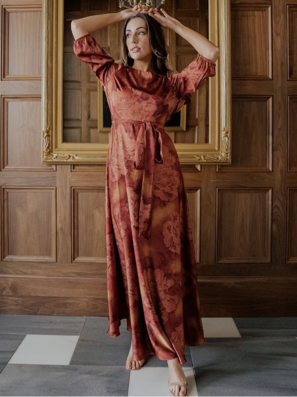 Baltic Born Terracotta Floral Tie-Waist Satin Paula Maxi Dress 2XL - Picture 3 of 7